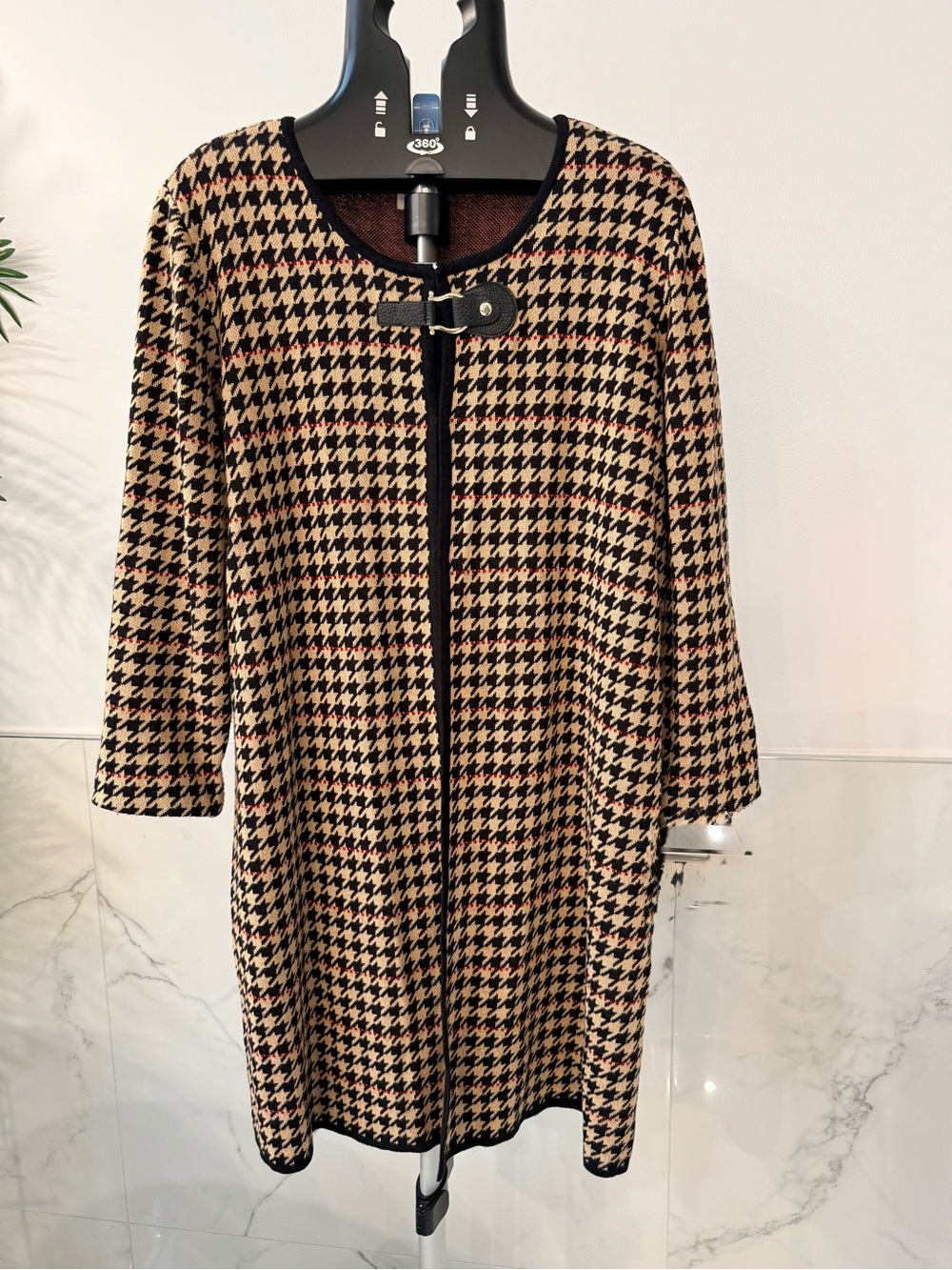 Anne Klein Houndstooth Longline Cardigan Sweater Coat Duster Buckle Medium